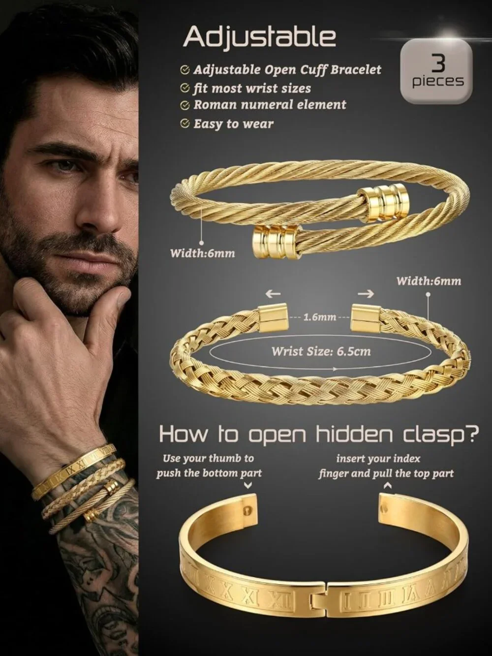 3Pcs Men's Stainless Steel Bracelets - Adjustable Roman Numeral & Twisted Cable